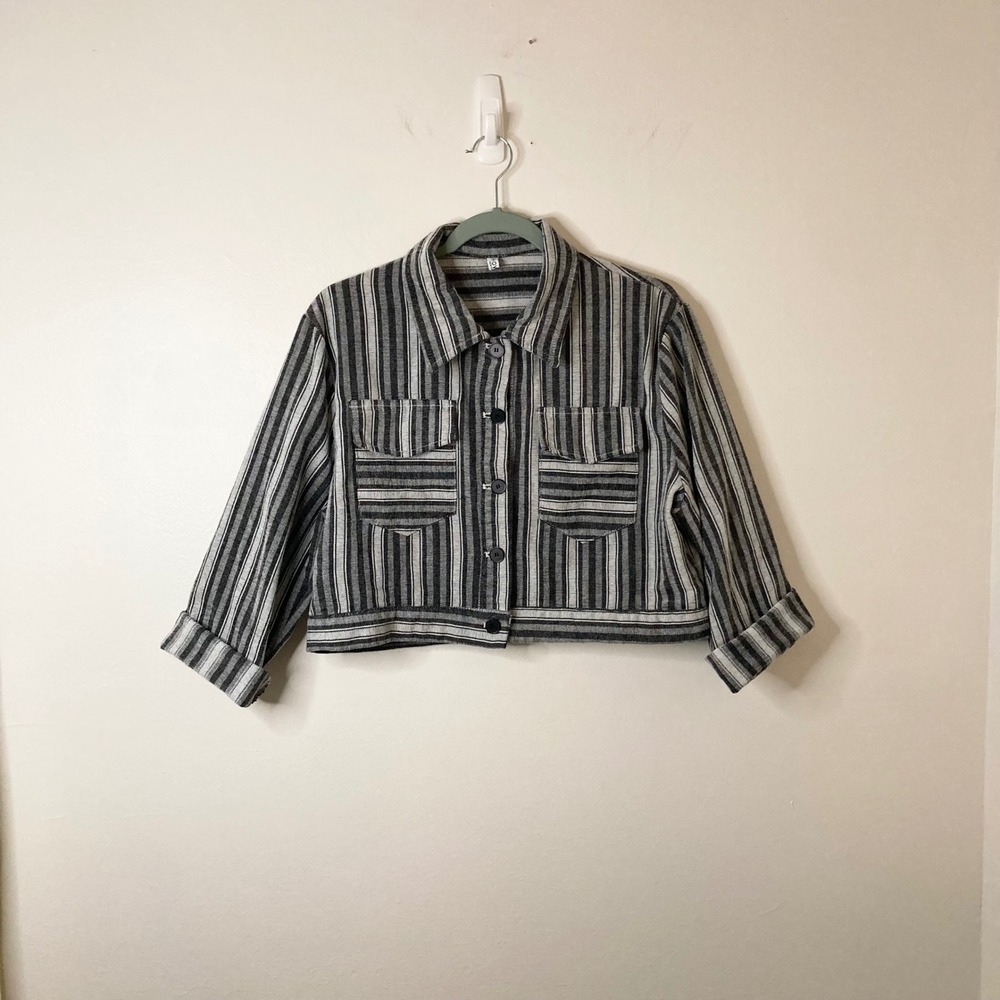 Boho Striped Cropped Woven Jacket Raw Hem Black White 3/4 Sleeves Indie L